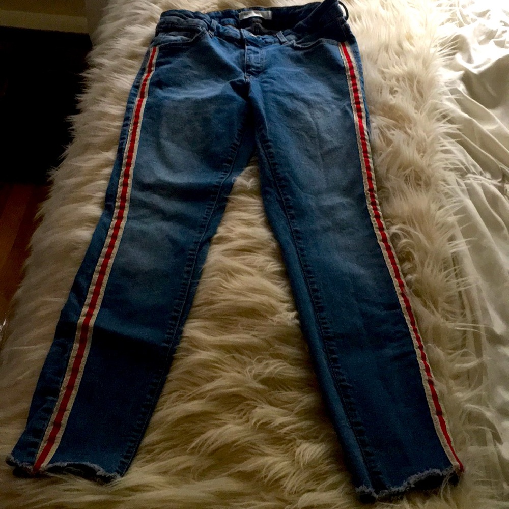 Zara side low rise striped stretch denim jeans